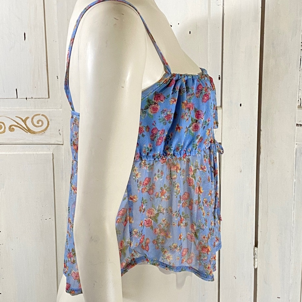Live‎ In The Moment Blue Floral Mesh Tie Front Babydoll Cami Top Womens Medium - Picture 2 of 8
